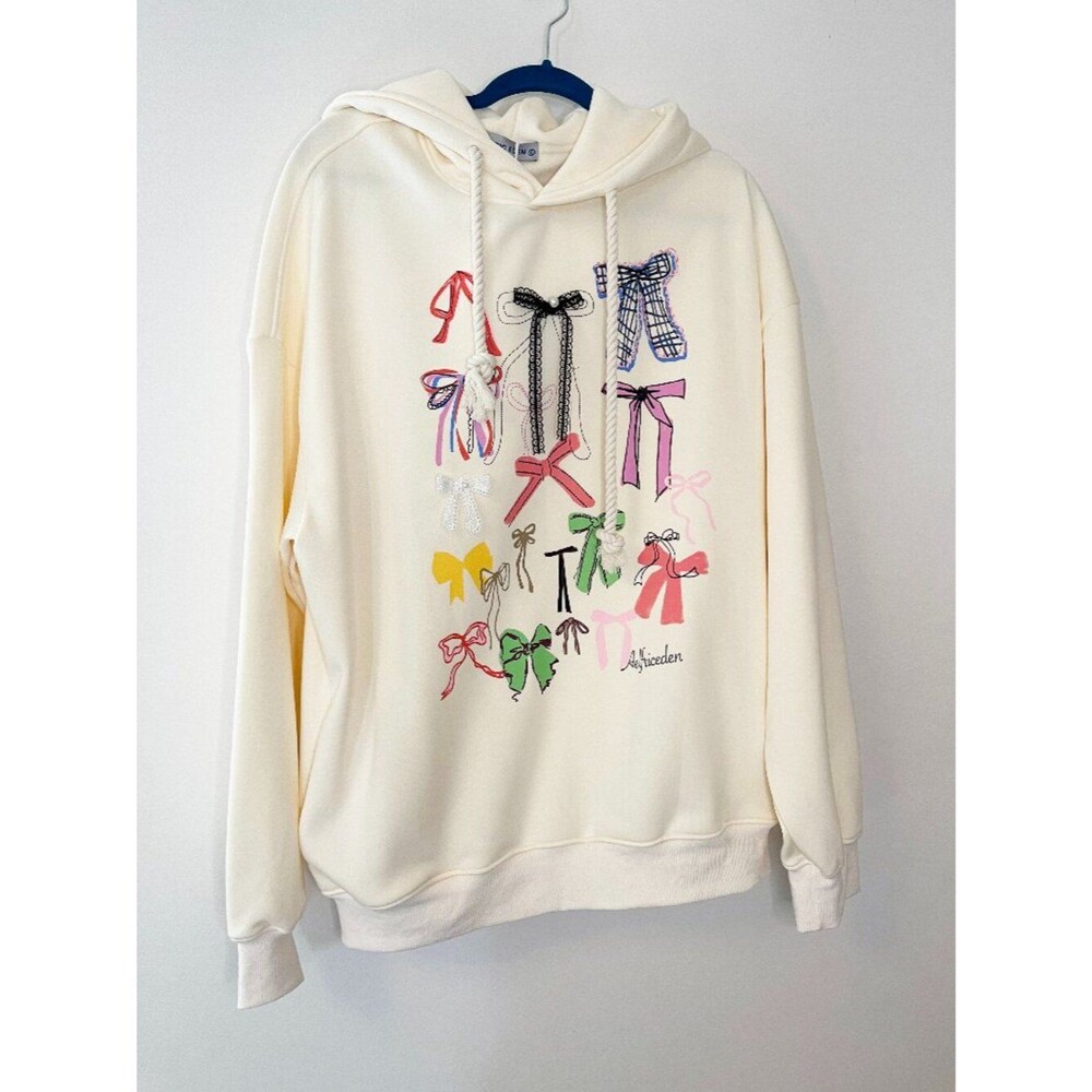 Elfric Eden Hoodie Cream Bow Graphic Pullover Sweatshirt Oversized Cute XL